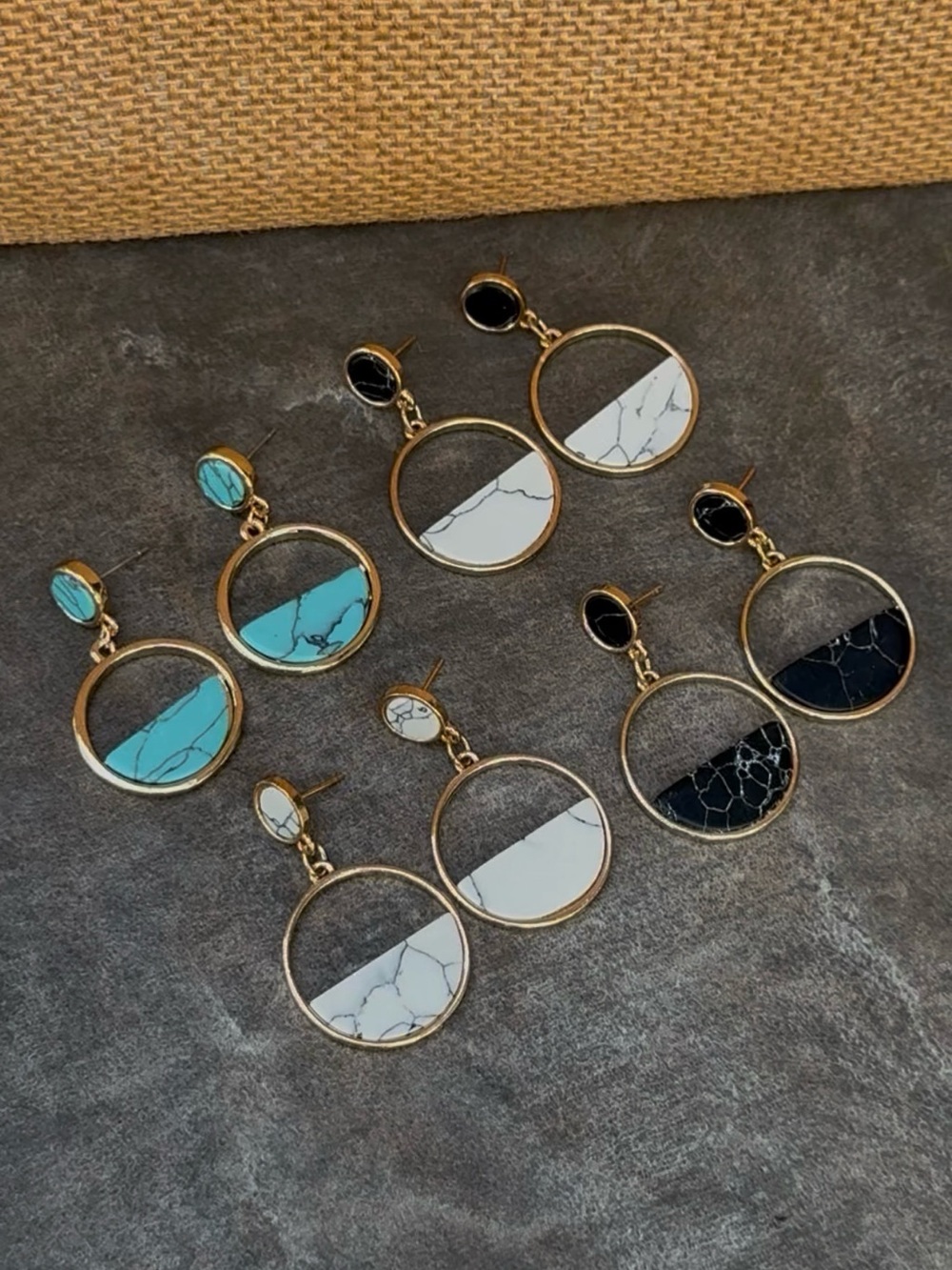 Gold Hoop vintage Earrings with Marble Inlay -Turquoise, White, Black,statement